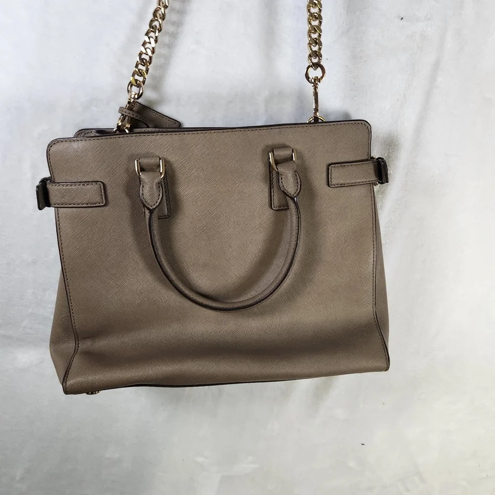 Michael Kors Saffiano Leather Tote Satchel‎ Taupe Chain Strap Large Shoulder Bag